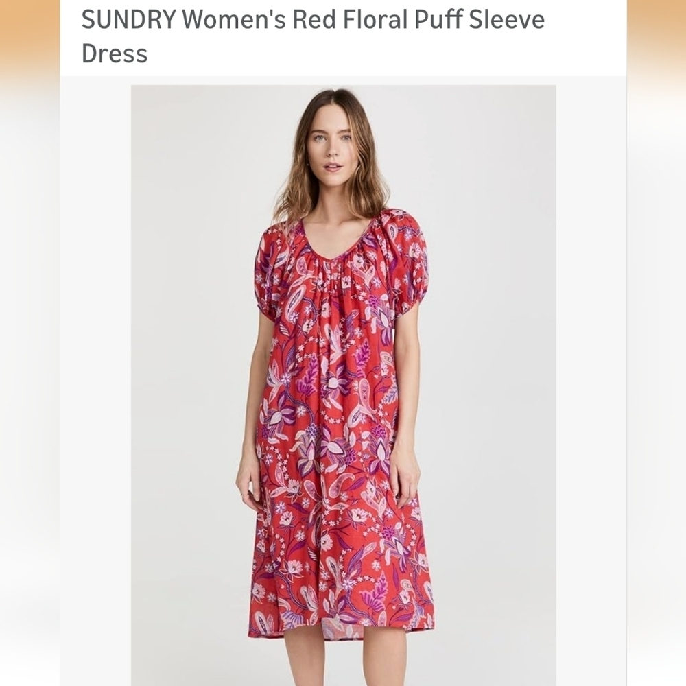 NWT Anthropologie's SUNDRY Women's Red Floral Puff Sleeve Dress 0 XS